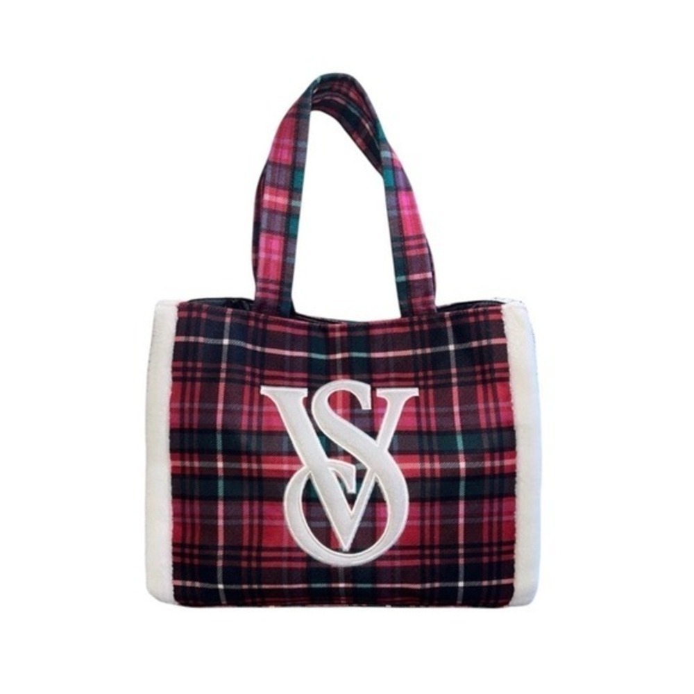 Victoria's Secret Sherpa Flannel Plaid Red‎ White Black Large Tote Bag